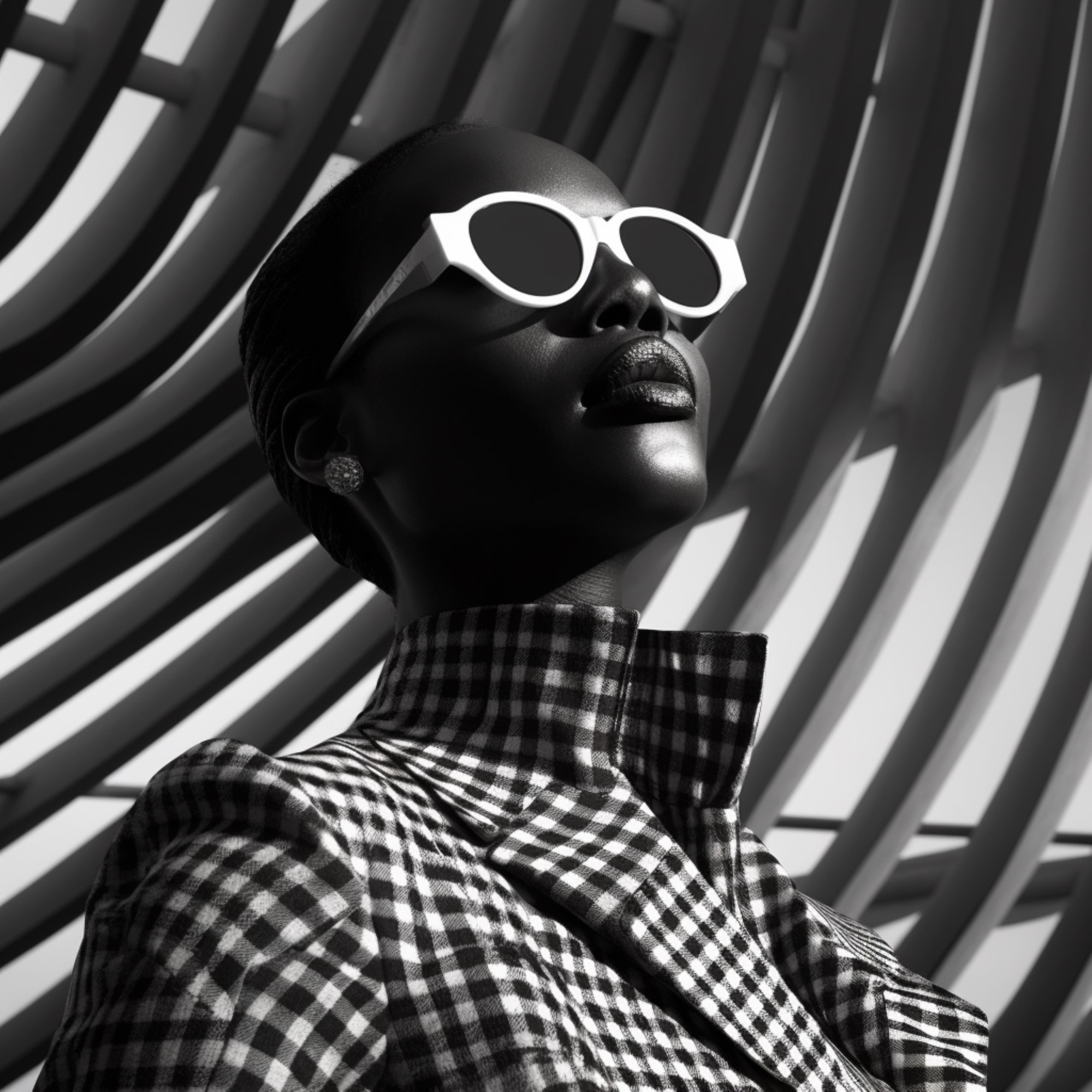 Monochrome portrait in round white sunglasses and a gingham collar, set against a curved slatted backdrop