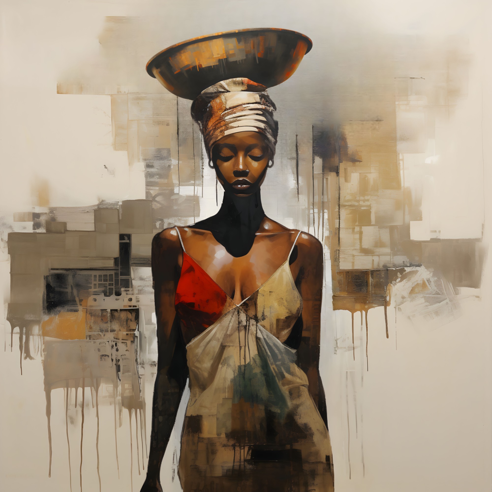 Oil-painted portrait of a woman balancing a bowl on her head, against a dripping mixed-media background