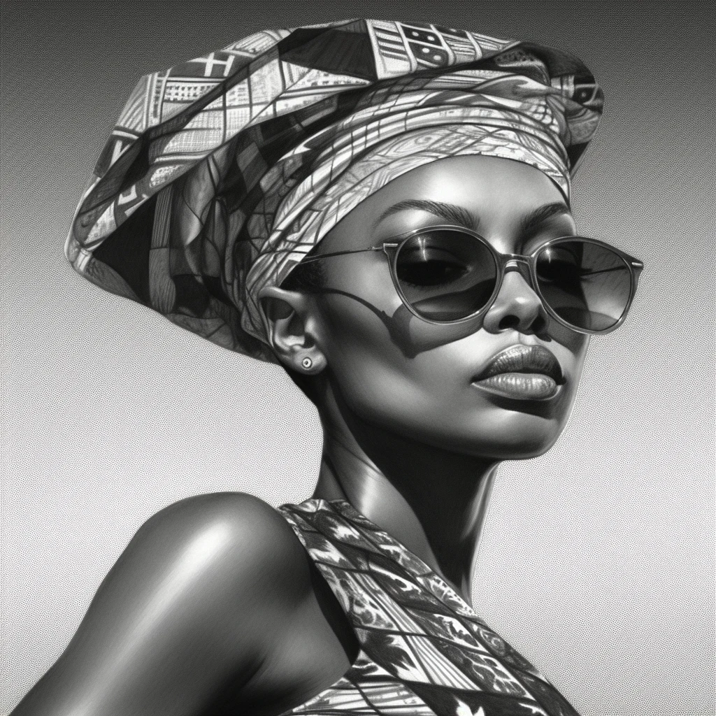 Pencil-style portrait in a patterned headwrap and sunglasses