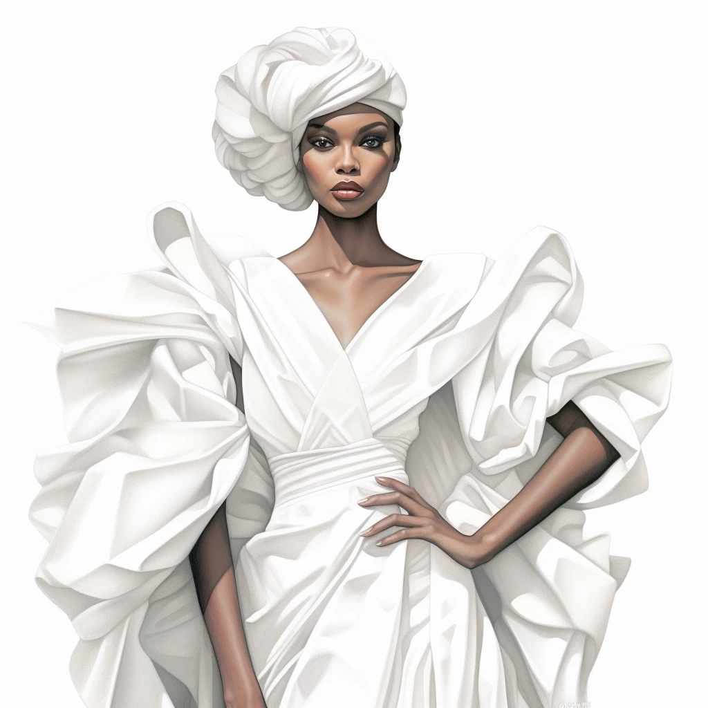 Fashion illustration of a draped white turban and gown, hand on hip