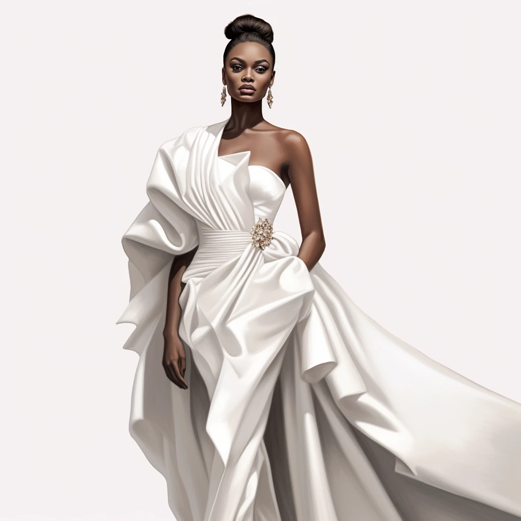 Fashion illustration of a one-shoulder white gown with a brooch