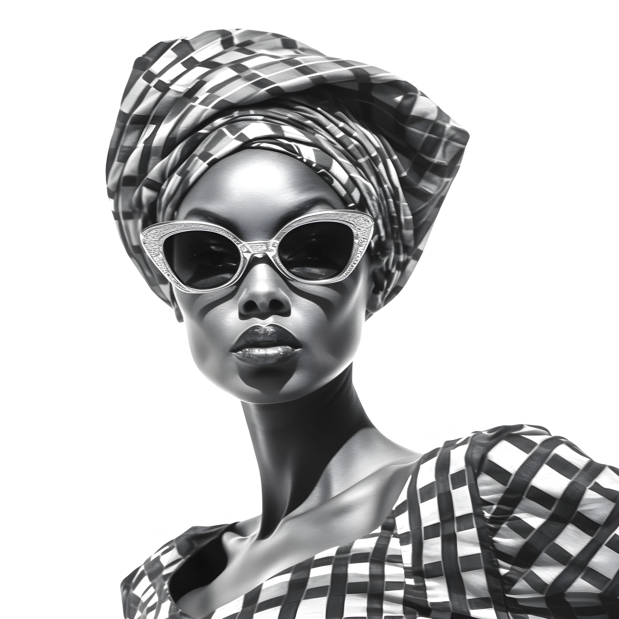 Monochrome portrait in round sunglasses and a checked headwrap