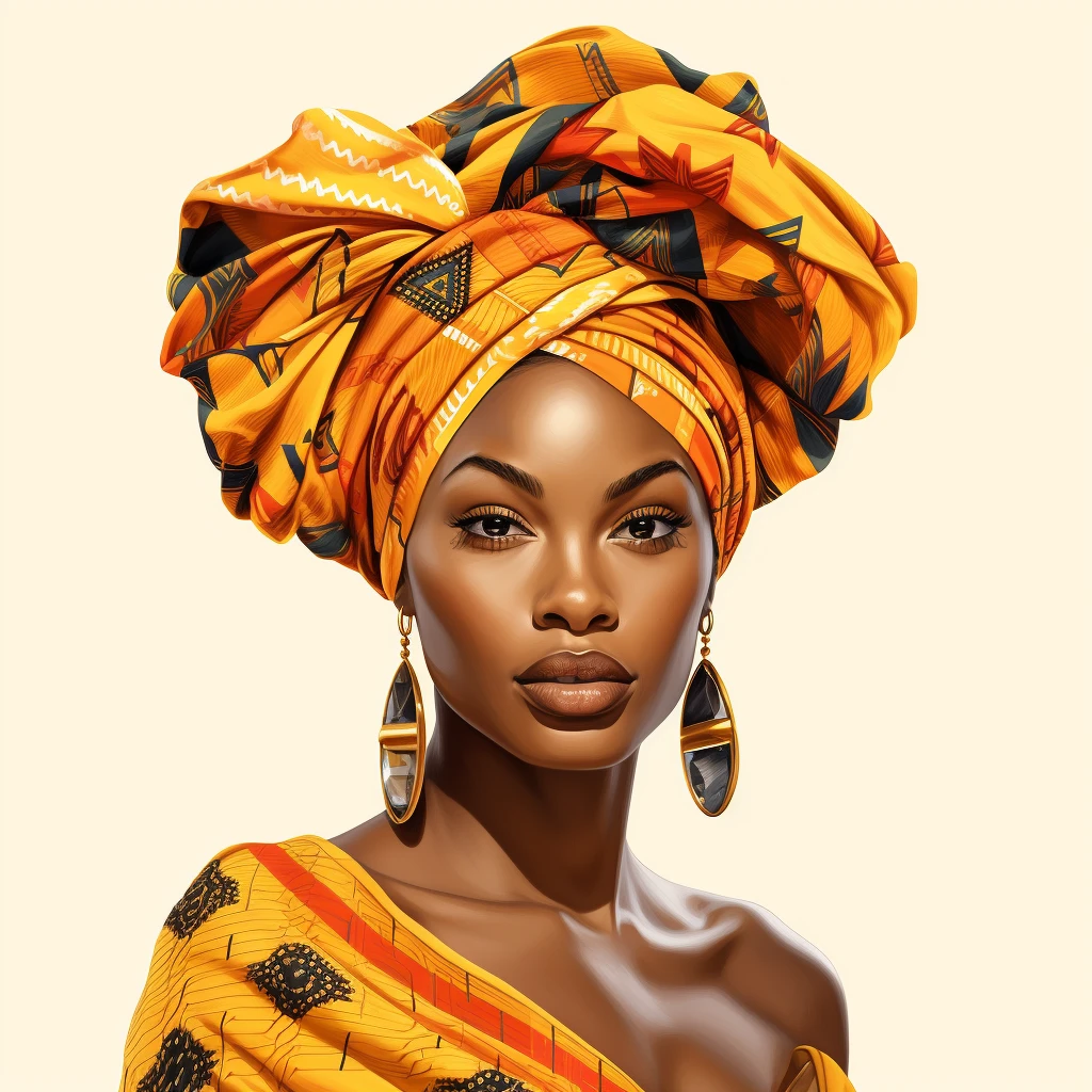 Illustrated portrait in an elaborate orange patterned headwrap and gold earrings