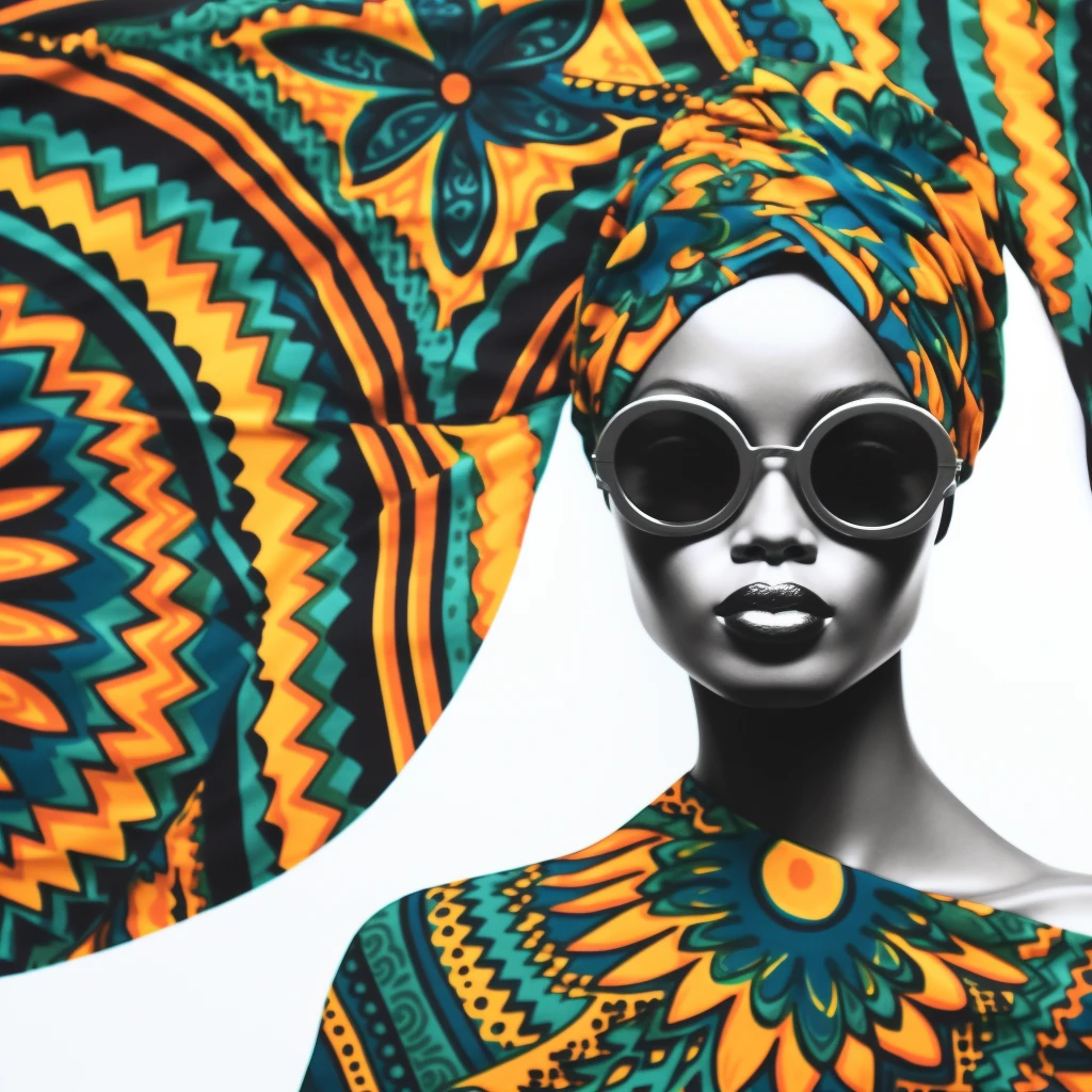 Geometric fashion illustration, patterned headwrap and round sunglasses against a zigzag print
