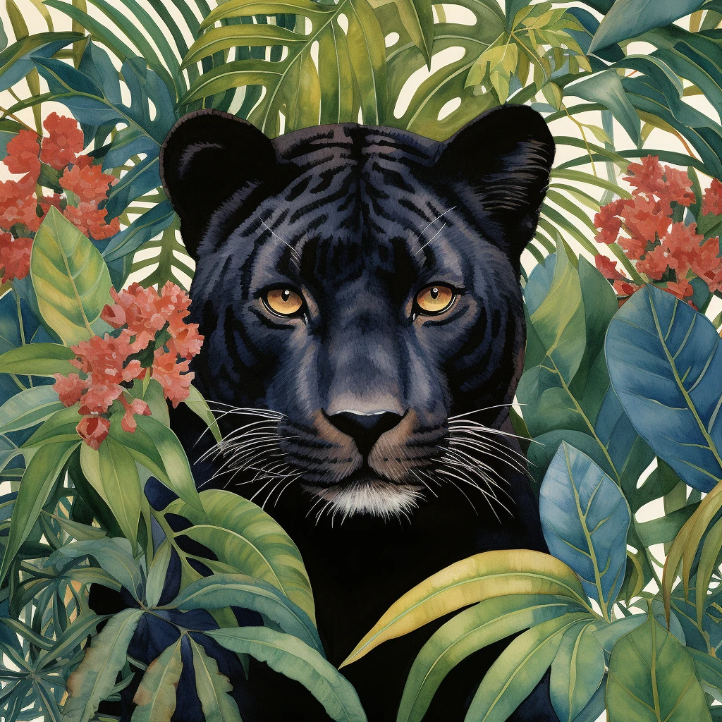 Watercolour portrait of a black panther among tropical foliage and red flowers