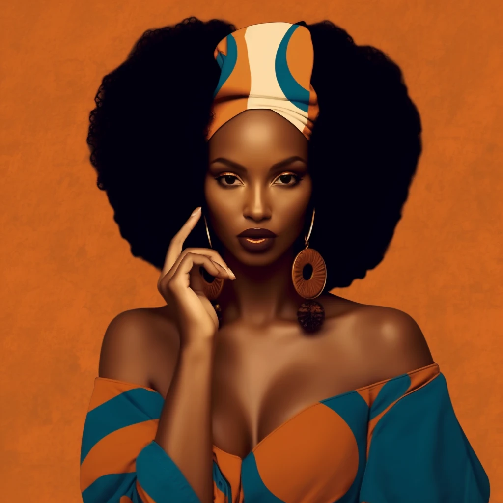 Illustrated portrait with a voluminous afro and striped headwrap against a burnt-orange ground