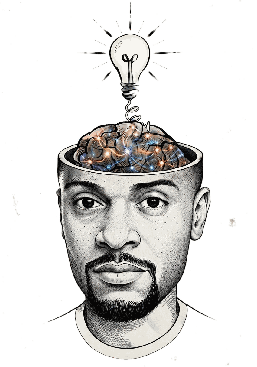 An open head with a glowing brain and a lit idea bulb above it